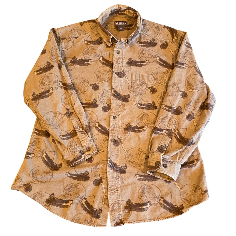 Woolrich Mens Large Fly Fishing Reel Print Chamois Shirt Brown Tan Long‎ Sleeve